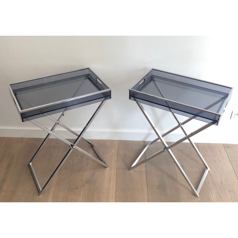 Paire de Tables-Plateaux en Plexiglass Fumé sur Pieds en X Chromé, France vers 1970