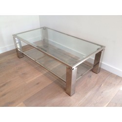Table Basse Moderniste Biétagère, Chrome et Verre, France vers 1970