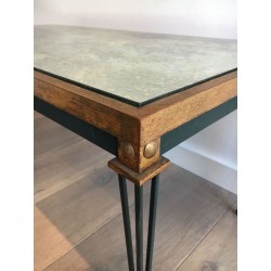 Table Basse en Acier Patiné et Doré à Plateau Miroir Ancien, dans le Goût de Jacques Quinet, vers 1940