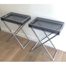 Paire de Tables-Plateaux en Plexiglass Fumé sur Pieds en X Chromé, France vers 1970