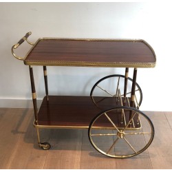 Neoclassical Mahogany & Brass Drinks Trolley with Spoked Wheels, in the Style of Maison Jansen, c.1940