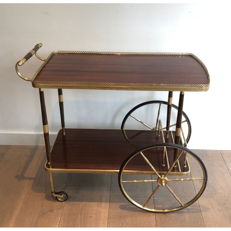 Neoclassical Mahogany & Brass Drinks Trolley with Spoked Wheels, in the Style of Maison Jansen, c.1940