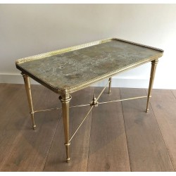 Table Basse Néoclassique en Laiton à Plateau Églomisé, Attribuée à la Maison Ramsay, France vers 1940