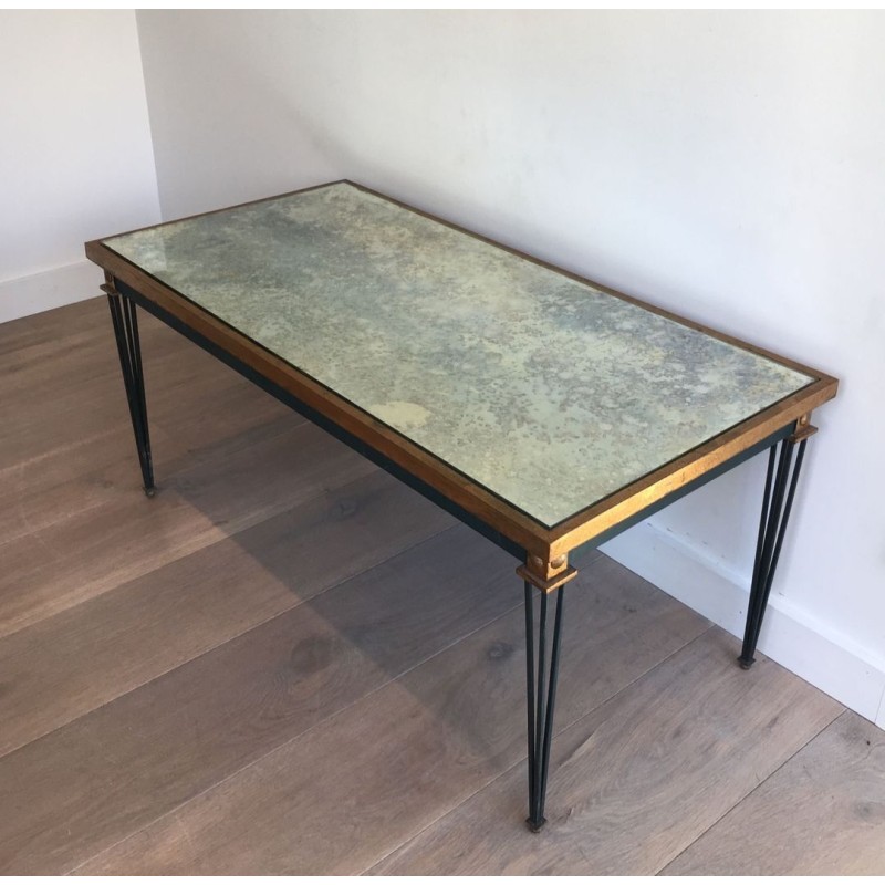 Table Basse en Acier Patiné et Doré à Plateau Miroir Ancien, dans le Goût de Jacques Quinet, vers 1940