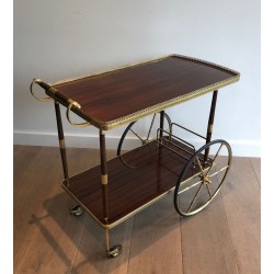 Neoclassical Mahogany & Brass Drinks Trolley with Spoked Wheels, in the Style of Maison Jansen, c.1940