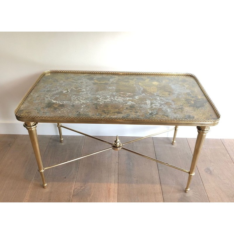 Table Basse Néoclassique en Laiton à Plateau Églomisé, Attribuée à la Maison Ramsay, France vers 1940