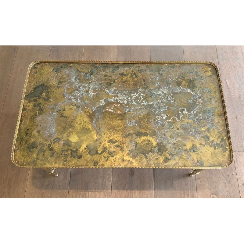 Table Basse Néoclassique en Laiton à Plateau Églomisé, Attribuée à la Maison Ramsay, France vers 1940