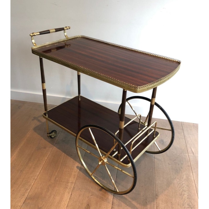 Neoclassical Mahogany & Brass Drinks Trolley with Spoked Wheels, in the Style of Maison Jansen, c.1940