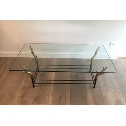 Table Basse en Fer Forgé et Laiton Doré à Pieds en Branches Sculptés, dans le Goût de Willy Daro