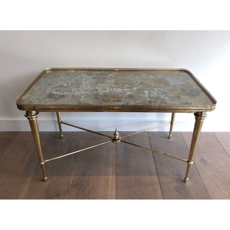 Table Basse Néoclassique en Laiton à Plateau Églomisé, Attribuée à la Maison Ramsay, France vers 1940