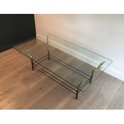 Table Basse en Fer Forgé et Laiton Doré à Pieds en Branches Sculptés, dans le Goût de Willy Daro
