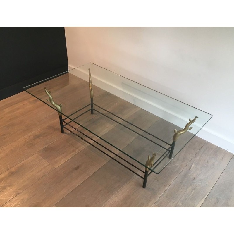 Table Basse en Fer Forgé et Laiton Doré à Pieds en Branches Sculptés, dans le Goût de Willy Daro