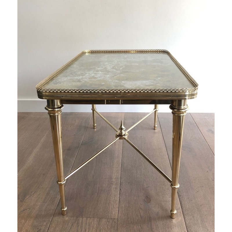 Table Basse Néoclassique en Laiton à Plateau Églomisé, Attribuée à la Maison Ramsay, France vers 1940