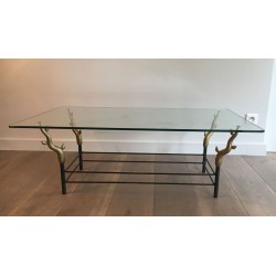 Table Basse en Fer Forgé et Laiton Doré à Pieds en Branches Sculptés, dans le Goût de Willy Daro
