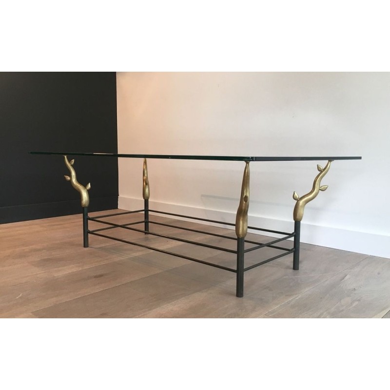Table Basse en Fer Forgé et Laiton Doré à Pieds en Branches Sculptés, dans le Goût de Willy Daro
