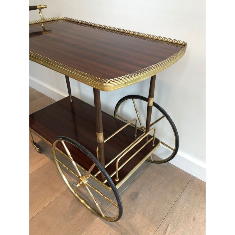 Neoclassical Mahogany & Brass Drinks Trolley with Spoked Wheels, in the Style of Maison Jansen, c.1940