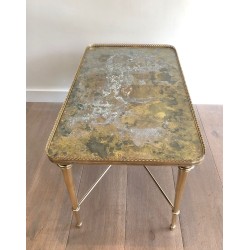 Table Basse Néoclassique en Laiton à Plateau Églomisé, Attribuée à la Maison Ramsay, France vers 1940