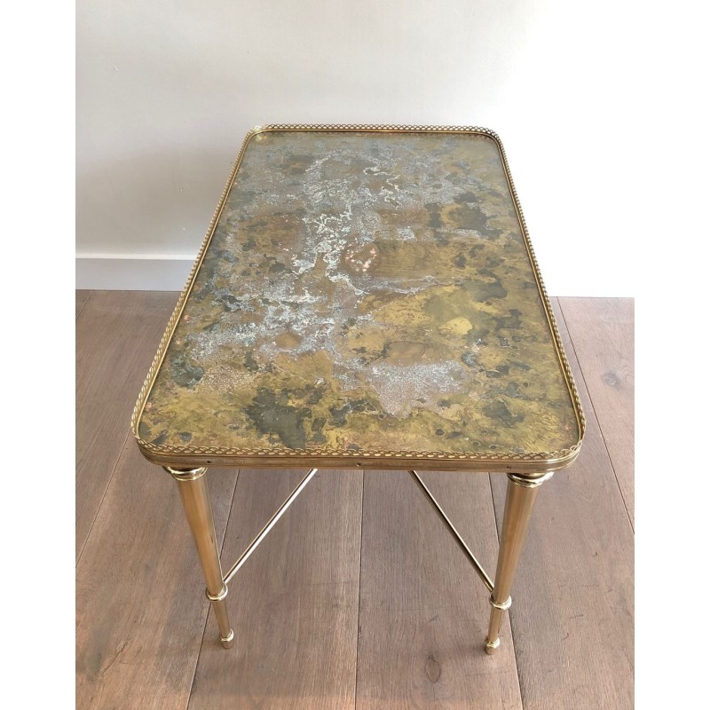 Table Basse Néoclassique en Laiton à Plateau Églomisé, Attribuée à la Maison Ramsay, France vers 1940