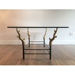 Table Basse en Fer Forgé et Laiton Doré à Pieds en Branches Sculptés, dans le Goût de Willy Daro
