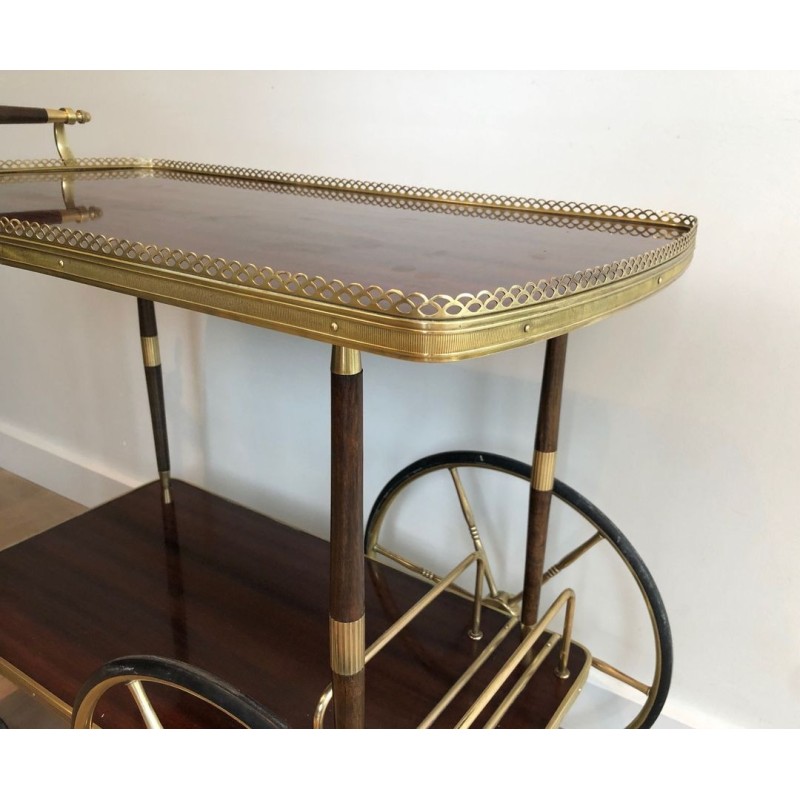 Neoclassical Mahogany & Brass Drinks Trolley with Spoked Wheels, in the Style of Maison Jansen, c.1940