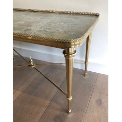 Table Basse Néoclassique en Laiton à Plateau Églomisé, Attribuée à la Maison Ramsay, France vers 1940