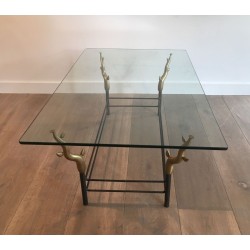 Table Basse en Fer Forgé et Laiton Doré à Pieds en Branches Sculptés, dans le Goût de Willy Daro