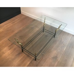 Table Basse en Fer Forgé et Laiton Doré à Pieds en Branches Sculptés, dans le Goût de Willy Daro
