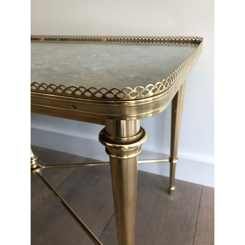 Table Basse Néoclassique en Laiton à Plateau Églomisé, Attribuée à la Maison Ramsay, France vers 1940