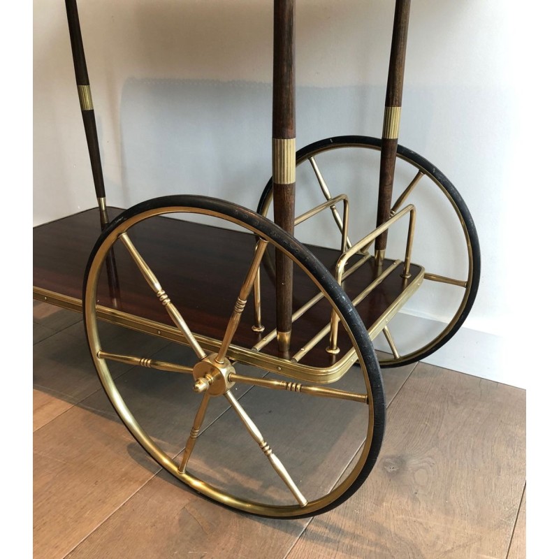 Neoclassical Mahogany & Brass Drinks Trolley with Spoked Wheels, in the Style of Maison Jansen, c.1940