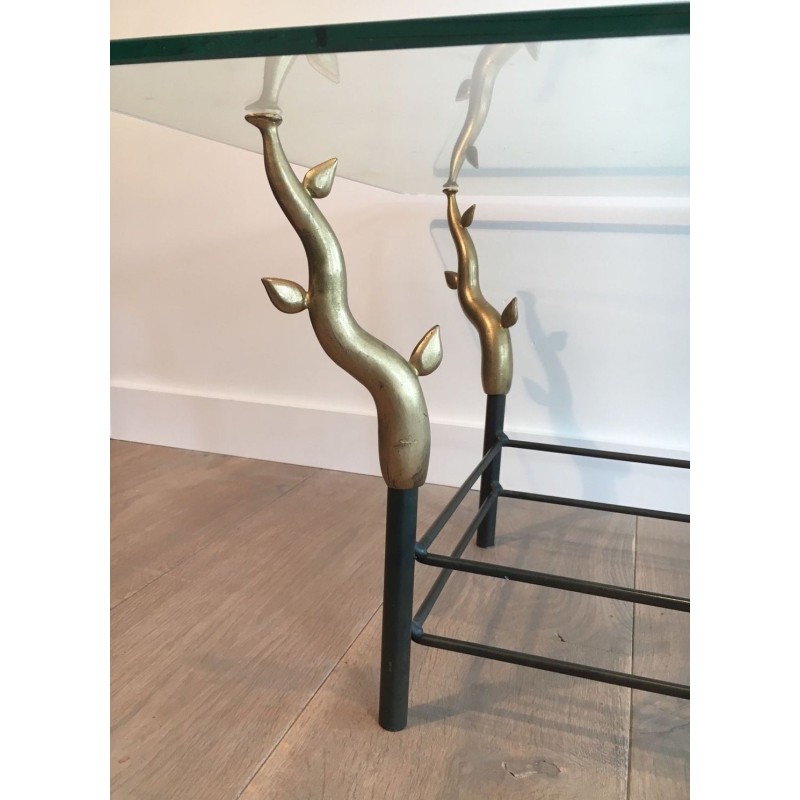 Table Basse en Fer Forgé et Laiton Doré à Pieds en Branches Sculptés, dans le Goût de Willy Daro