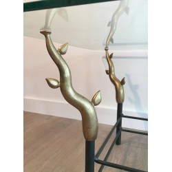 Table Basse en Fer Forgé et Laiton Doré à Pieds en Branches Sculptés, dans le Goût de Willy Daro