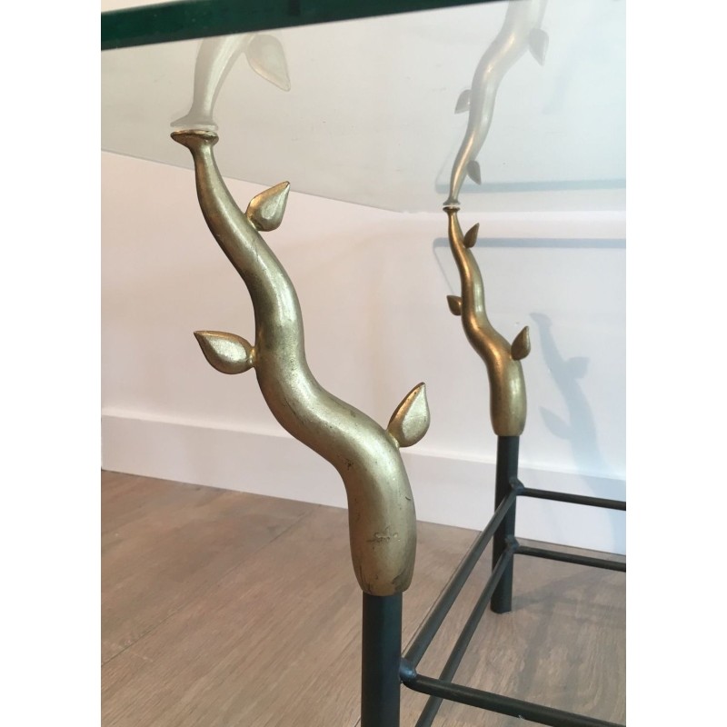 Table Basse en Fer Forgé et Laiton Doré à Pieds en Branches Sculptés, dans le Goût de Willy Daro
