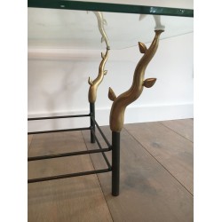 Table Basse en Fer Forgé et Laiton Doré à Pieds en Branches Sculptés, dans le Goût de Willy Daro