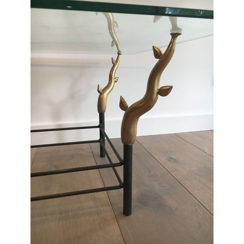 Table Basse en Fer Forgé et Laiton Doré à Pieds en Branches Sculptés, dans le Goût de Willy Daro