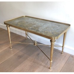 Table Basse Néoclassique en Laiton à Plateau Églomisé, Attribuée à la Maison Ramsay, France vers 1940