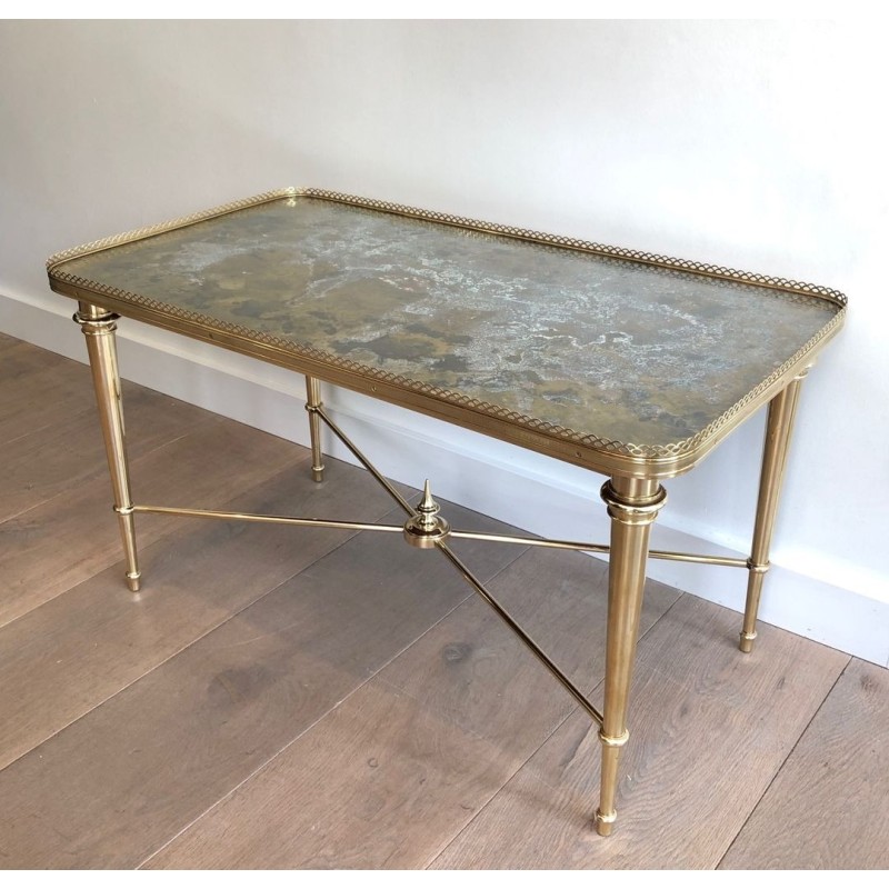 Table Basse Néoclassique en Laiton à Plateau Églomisé, Attribuée à la Maison Ramsay, France vers 1940