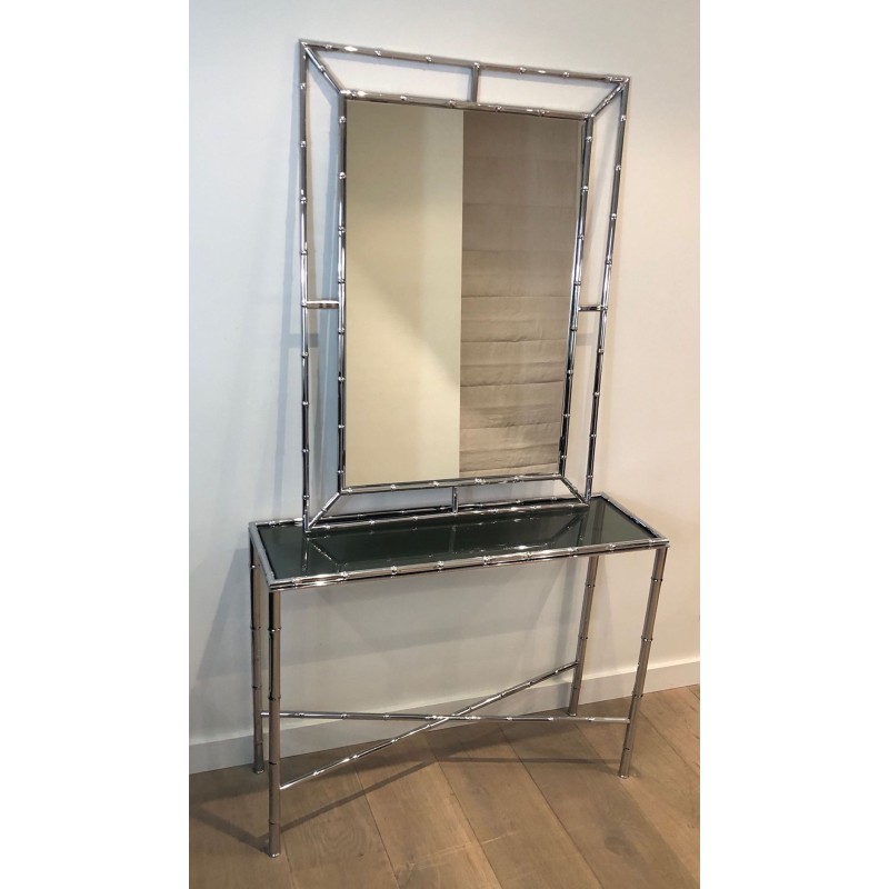 Chrome Faux-Bamboo Console Table with Smoked Glass Top & Matching Mirror, in the Style of Baguès, c.1970
