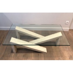 Table Basse Moderniste à Base en Marbre Géométrique Crème et Plateau de Verre, vers 1970