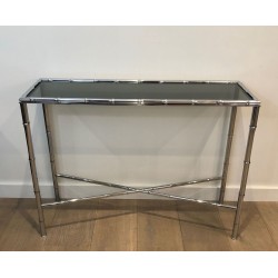 Console en Chrome Façon Faux-Bambou, Plateau en Verre Fumé et Miroir Assorti, dans le Goût de Baguès