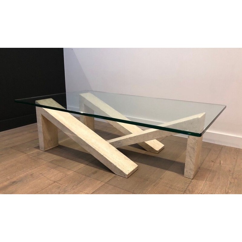 Table Basse Moderniste à Base en Marbre Géométrique Crème et Plateau de Verre, vers 1970