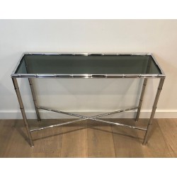 Chrome Faux-Bamboo Console Table with Smoked Glass Top & Matching Mirror, in the Style of Baguès, c.1970