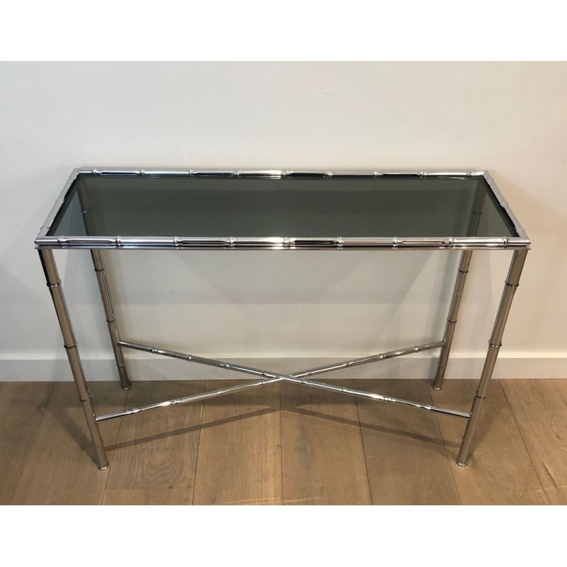 Console en Chrome Façon Faux-Bambou, Plateau en Verre Fumé et Miroir Assorti, dans le Goût de Baguès