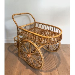 Rattan Drinks Trolley with Spoked Wheels and Woven Basket Tray, Attributed to Audoux-Minet, c.1960