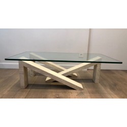 Table Basse Moderniste à Base en Marbre Géométrique Crème et Plateau de Verre, vers 1970