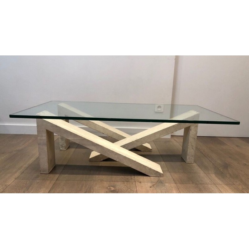 Table Basse Moderniste à Base en Marbre Géométrique Crème et Plateau de Verre, vers 1970