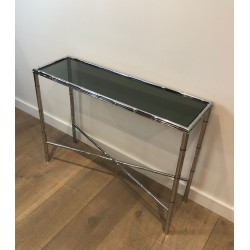 Console en Chrome Façon Faux-Bambou, Plateau en Verre Fumé et Miroir Assorti, dans le Goût de Baguès