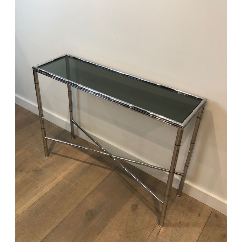 Chrome Faux-Bamboo Console Table with Smoked Glass Top & Matching Mirror, in the Style of Baguès, c.1970