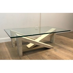 Table Basse Moderniste à Base en Marbre Géométrique Crème et Plateau de Verre, vers 1970
