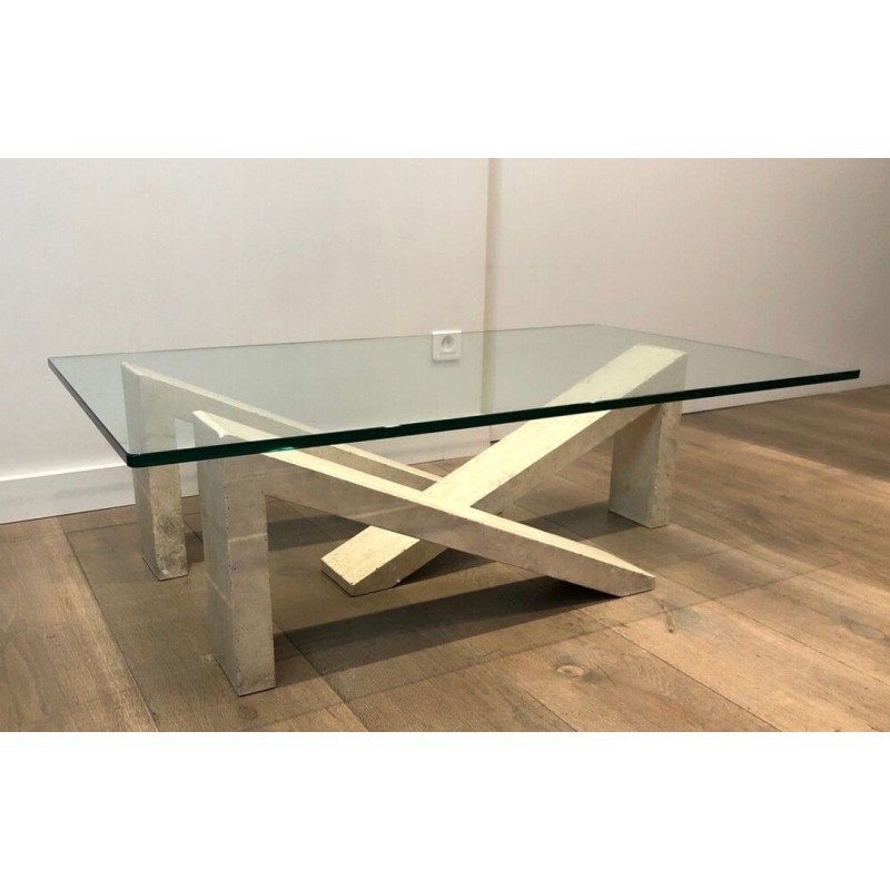 Table Basse Moderniste à Base en Marbre Géométrique Crème et Plateau de Verre, vers 1970