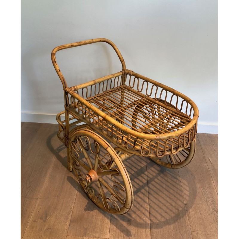 Rattan Drinks Trolley with Spoked Wheels and Woven Basket Tray, Attributed to Audoux-Minet, c.1960